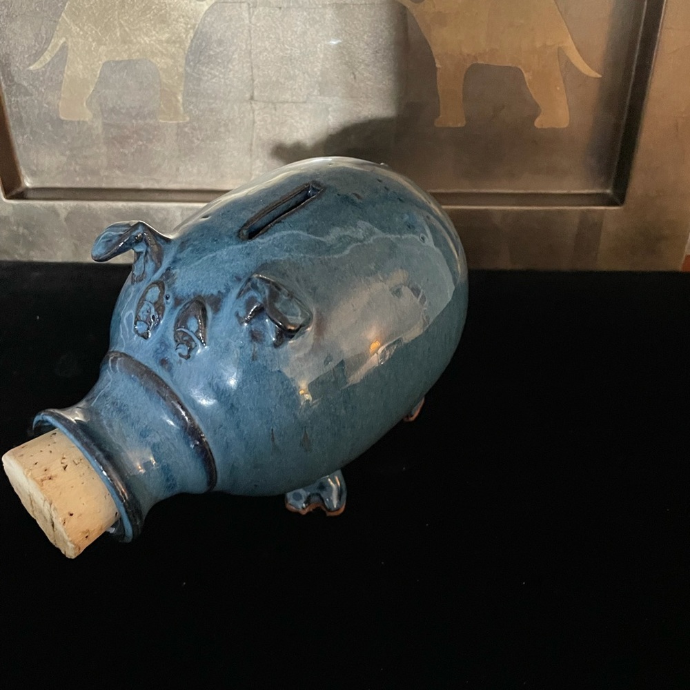 Signed Owens NC pottery piggy bank. Blue glaze